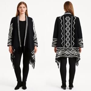 2010s Chico’s Black Tribal Fringe Knit Open Cardigan Wrap Size 3 XL